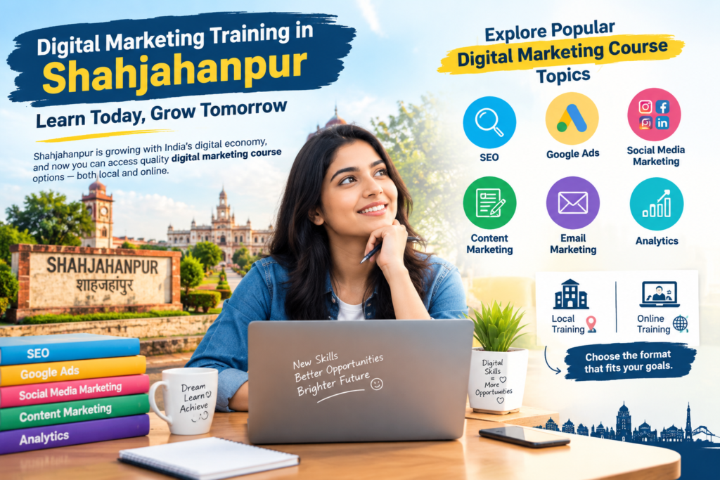 Digital marketing course in Shahjahanpur covering SEO, Google Ads, social media, content, email marketing, and analytics.